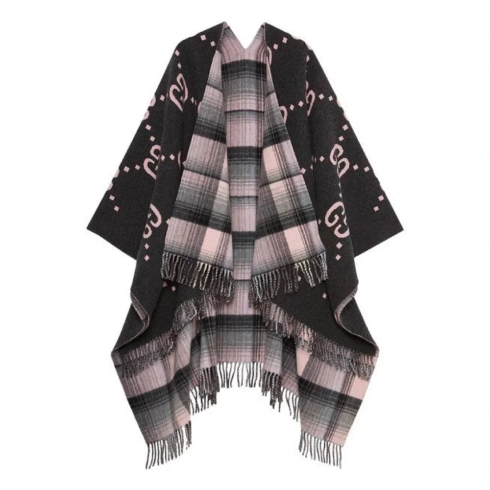 GUCCI GG logo check fringed reversible poncho cape wrap
